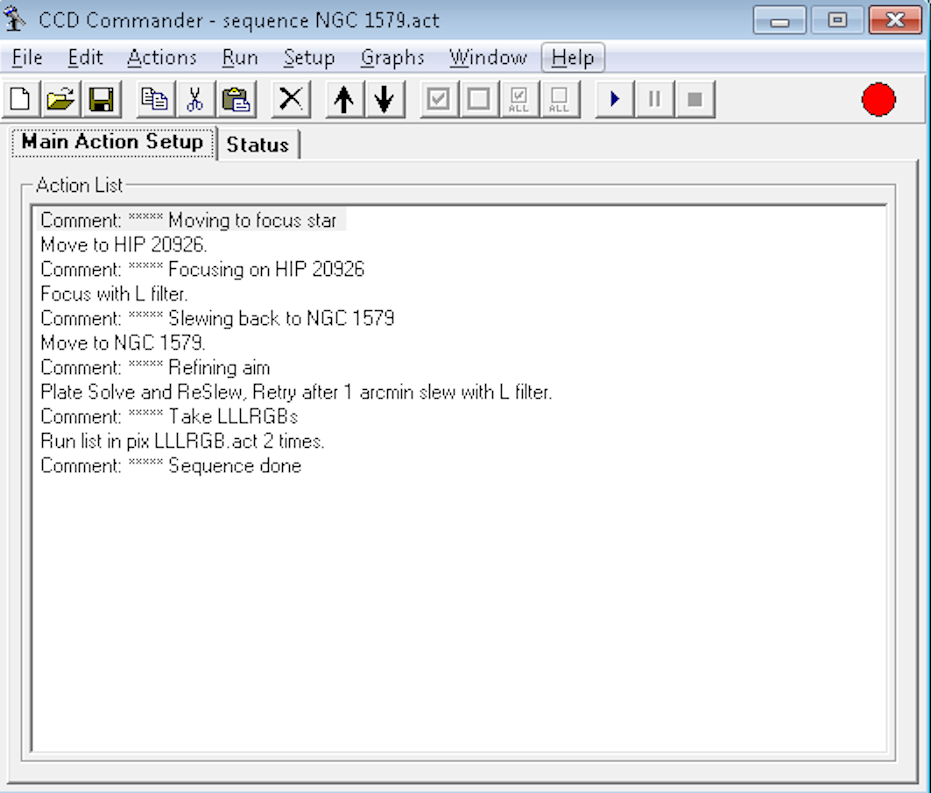 21 CCD Commander sequence.png - This shows the sub-actions that are done each time a sequence is started.  Note that the sub-action for taking LRGB pictures is run twice.